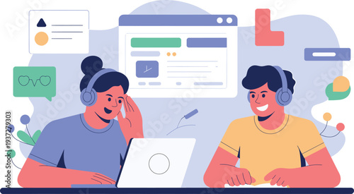 Two people collaborating online using headphones and a laptop for digital communication