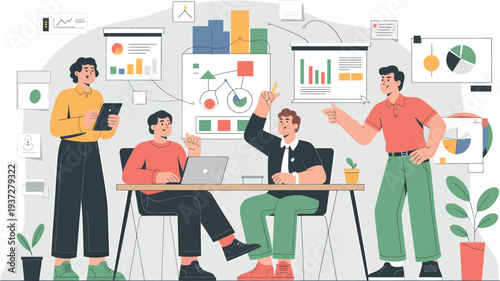 Team collaborating on data analysis and strategic planning with visual presentations