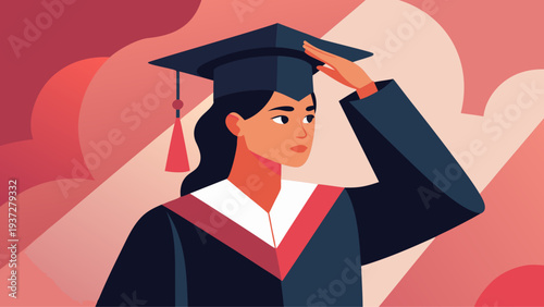 Female graduate in academic gown adjusting mortarboard celebrating education success and achievement university graduation illustration