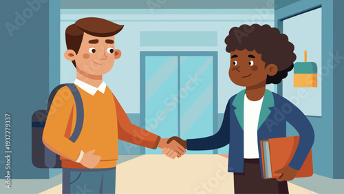 Students shaking hands at school hallway representing friendship cooperation and new connection education concept illustration