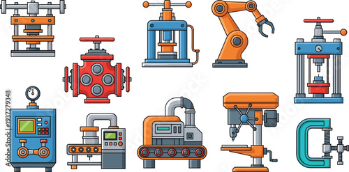 Set of ten industrial machinery icons including robotic arm hydraulic press conveyor belt and factory equipment isolated on white background.
