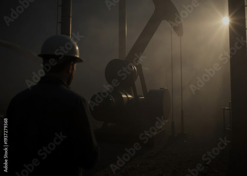 Worker watching oil pumpjack silhouetted by bright light during extraction. Suitable for energy, industrial, and environmental concepts. Oil production theme.