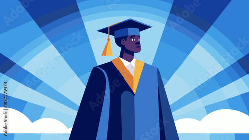 Graduate student in academic gown and mortarboard standing under spotlight rays symbolizing education success and future achievement illustration