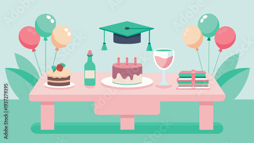 Graduation celebration table with cake balloons wine books and mortarboard festive academic achievement party illustration
