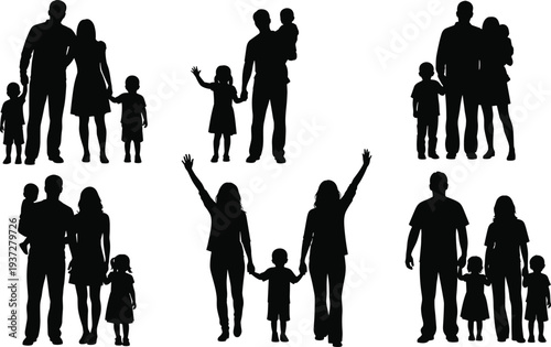Set of six happy family silhouettes with parents and children holding hands and posing isolated on white background for design.