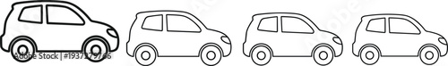 Minimalist car outline icons, small vehicle line art vector illustrations, simple automobile doodle shapes, transport travel symbols, automotive design graphics