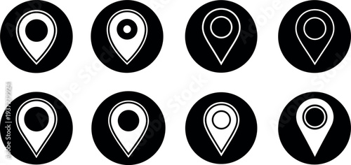 Location pin circle icons collection, map marker navigation symbols, GPS destination pointer vector illustration set