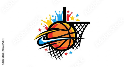 Basketball with Hoop and Colorful Splash Background.