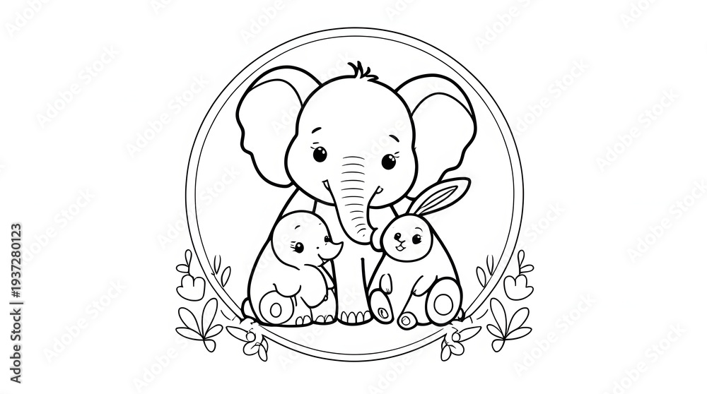 Naklejka premium : elephant and bunny family in a frame