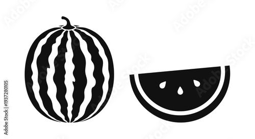 A whole watermelon and slice depicted in stark black silhouette