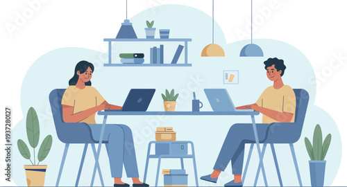 Two people working on laptops in a bright modern office space