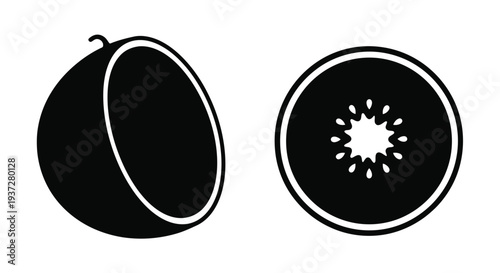 A whole and halved kiwi fruit depicted in black silhouette