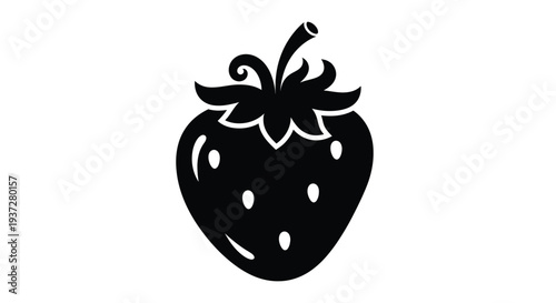 A striking black silhouette of a ripe strawberry with leafy top