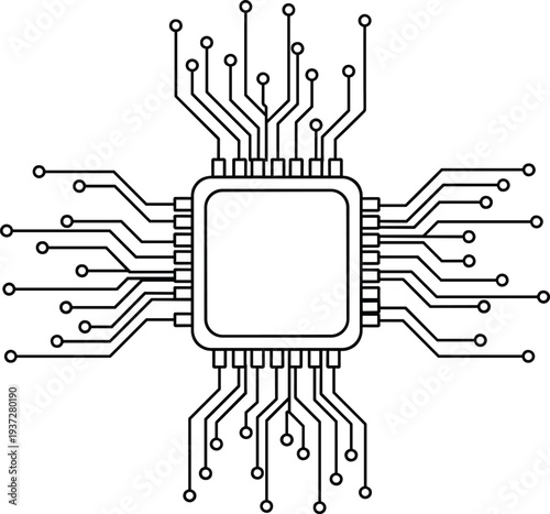 Microchip processor circuit technology icon, artificial intelligence digital computing system with electronic network connections vector line illustration