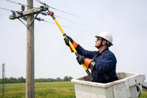 Electrical line worker in bucket truck using insulated hot stick on power lines.