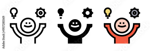 Conjunto de iconos de creatividad productiva. Persona con bombilla e ideas, innovación laboral, pensamiento creativo, generación de soluciones, productividad creativa. Ilustración vectorial