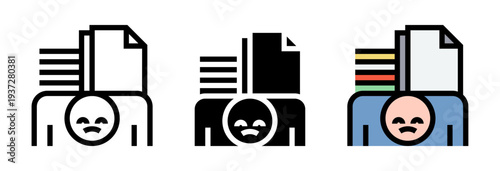 Conjunto de iconos de sobrecarga laboral. Persona agotada con documentos, estrés de trabajo, cansancio profesional, presión laboral, fatiga laboral. Ilustración vectorial