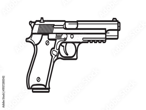 A black and white line drawing of a semi automatic pistol