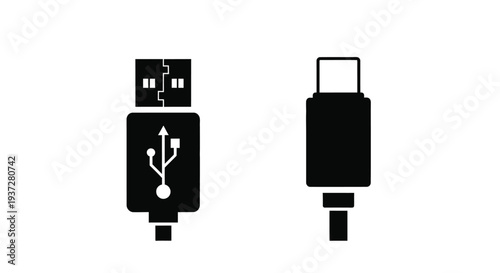 Two usb connector types shown in bold black silhouette