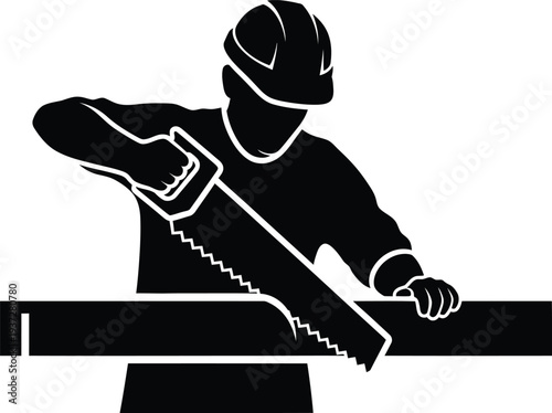 Vector illustration of a worker sawing wood