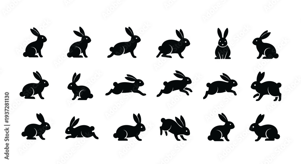 Fototapeta premium inimalist flat vector illustration set of rabbit silhouettes in various poses.
