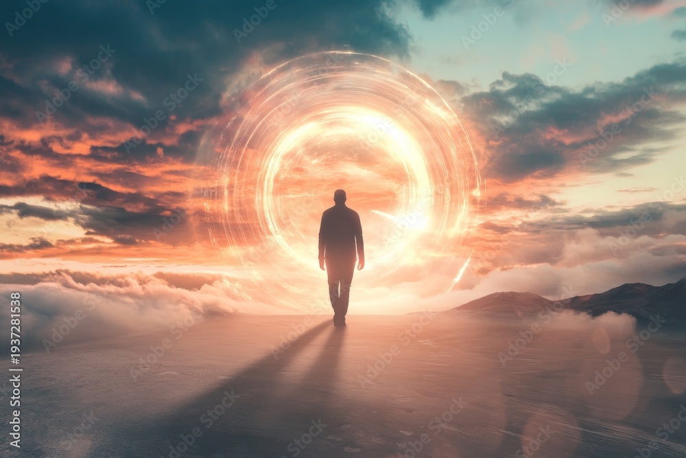 Obraz premium Faceless individual walks toward glowing portal in sky surrounded by clouds at sunset in future technology setting