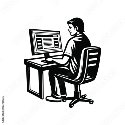 Young Male Programmer Silhouette Vector, Coding and Software Development Concept