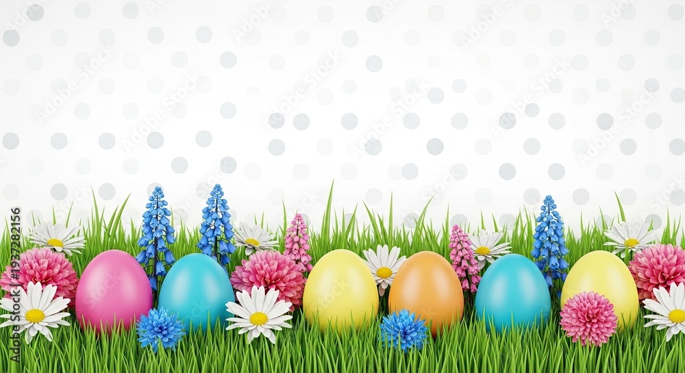 Fototapeta premium Easter day celebration with colorful eggs and flowers