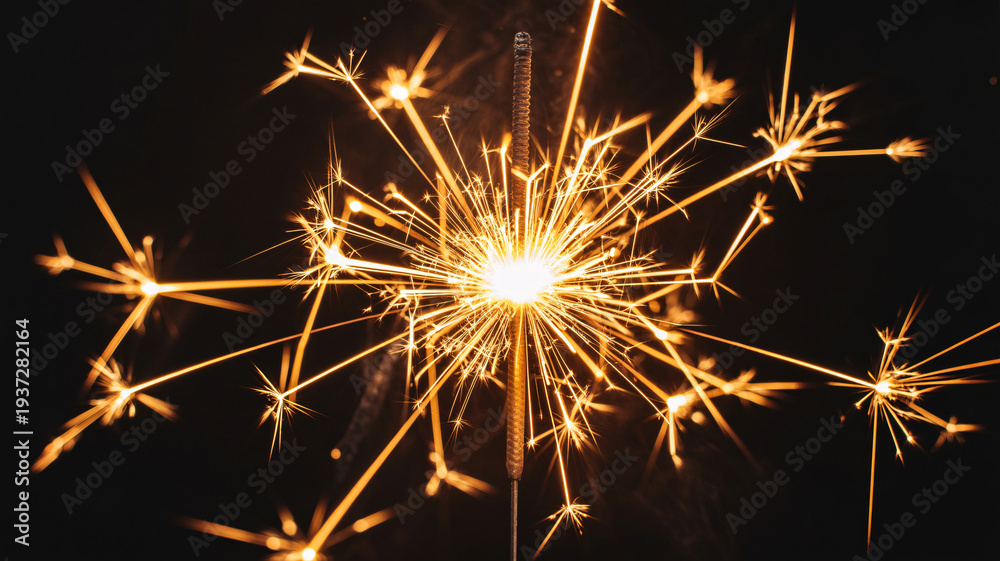 Fototapeta premium Vibrant sparks fly from burning sparkler in darkness