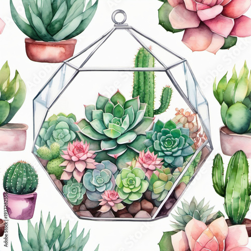 Glass Terrarium with Succulents and Cacti Indoor Garden Illustration