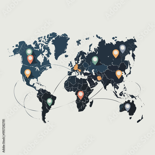 World map with location pins and connecting lines global