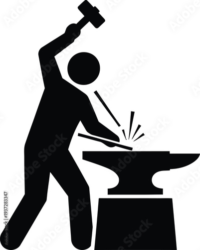 Black silhouette of a person hammering at an anvil vector