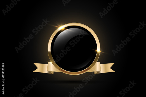 Gold round frame medal made of black glass with glow and glare, Golden 3d award badge with ribbon shining particles, Shining glossy blank emblem button.