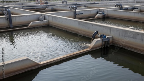 Wastewater treatment plant with multiple concrete pools filled with murky water