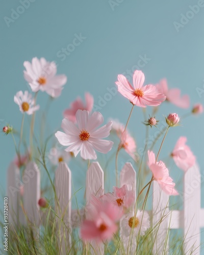 Small decorative white picket fence surrounded by pink and white flowers against a soft blue background, creating a charming floral scene for home decor or design projects