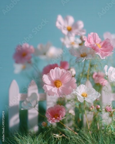 Small decorative white picket fence surrounded by pink and white flowers on a green grass background, creating a vibrant and colorful garden scene