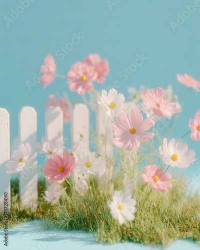 Small decorative white picket fence surrounded by pink and white flowers on a blue background, creating a vibrant and cheerful garden scene