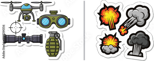 Vector stickers featuring tactical gear like a drone, binoculars, scope, and grenade alongside dynamic explosion and smoke effects in comic-book style.
