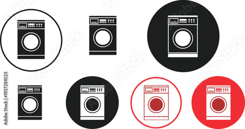Modern washing machine icons, laundry appliance vector illustrations, clean household equipment shapes, minimalist front load washer graphics, home utility service symbols