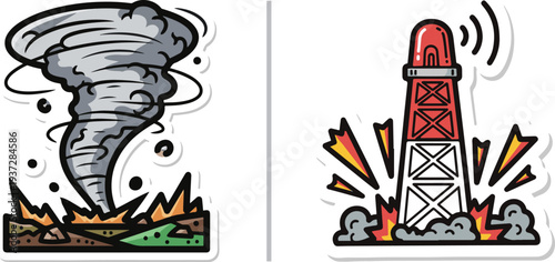 Vector sticker set featuring a powerful grey tornado touching down on debris and a red and white radio tower emitting emergency signal waves amidst a base of smoke.