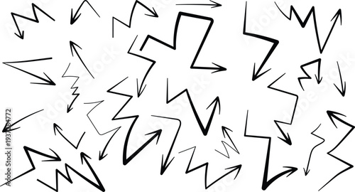 Arrow icon. Zig zag vector set. Electric thunder doodle scribble. Strike line, flash power. Thin arow bg. Zigzag arrow set