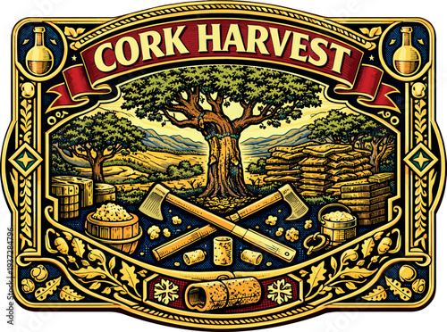 Cork Harvest Oak Tree Vintage Badge Vector