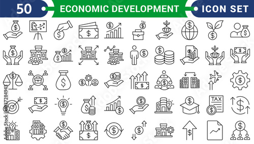 Economic development icon set collection in flat style. Icon pack contains finance, growth, investment, income, wealth, industry, trade, employment, innovation, productivity