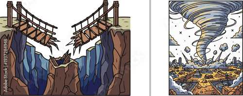 Vector stickers depicting a broken wooden suspension bridge over a deep rocky canyon and a massive tornado funnel cloud tearing through a populated city.