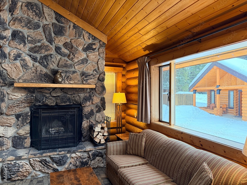 Fototapeta premium Cozy room with fireplace, couch and wooden table