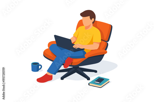 Man working on laptop sitting in comfortable chair with coffee and book.
