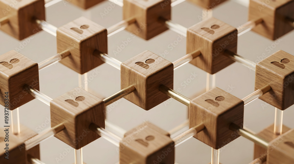 Fototapeta premium Close up of interconnected wooden blocks with human icons representing team networking