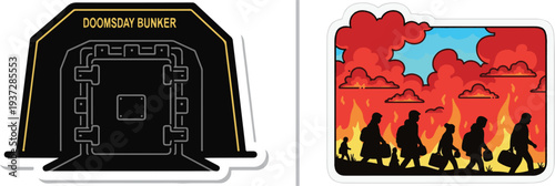 Black silhouettes of tactical military personnel in various combat poses alongside geometric icons including a triangle, rectangle, diamond, and a circular crosshair symbol.