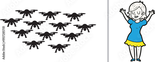 A black silhouette of a drone swarm flying in formation alongside a cheerful cartoon illustration of a woman in a blue dress and yellow skirt with her arms raised in celebration.
