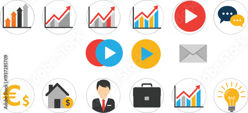 Business and Media Flat Icon Set with Growth Charts, Play Buttons, Message Chat, Email, Finance Symbols and Startup Idea Vector Collection